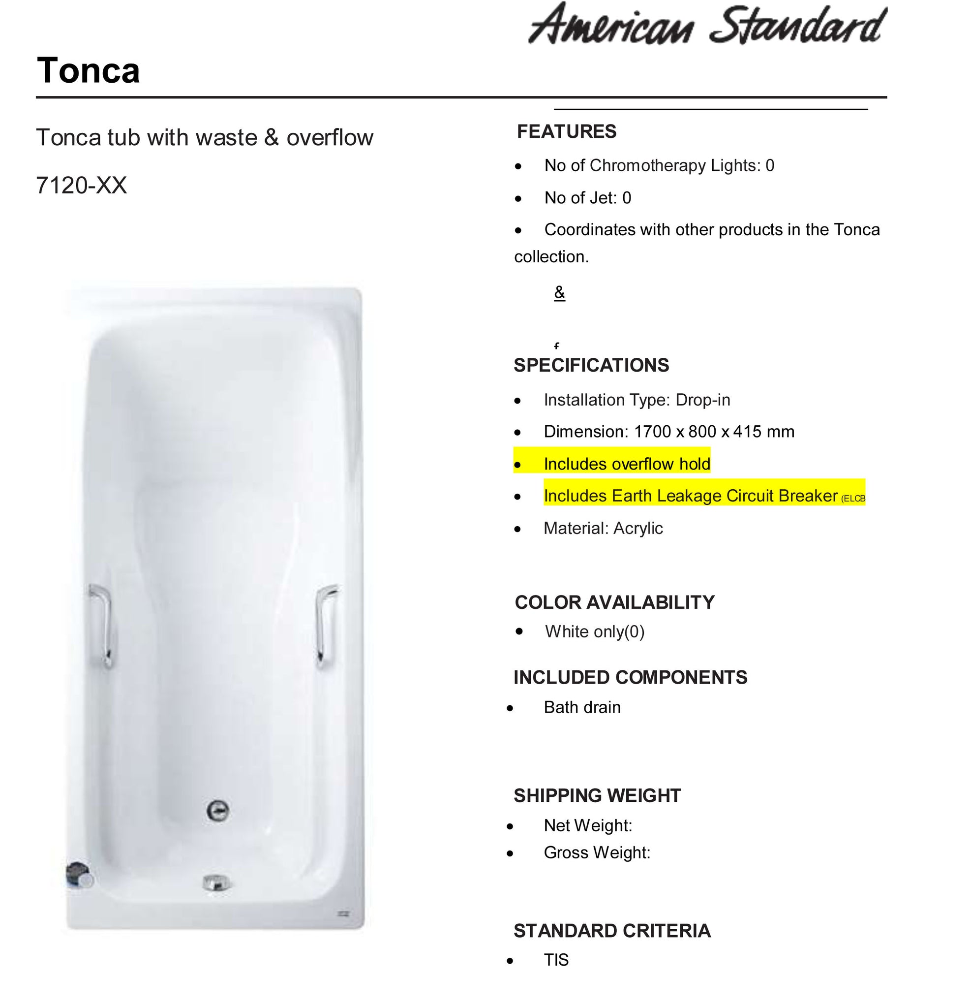 Tonca BathTub With Grips And Waste WT